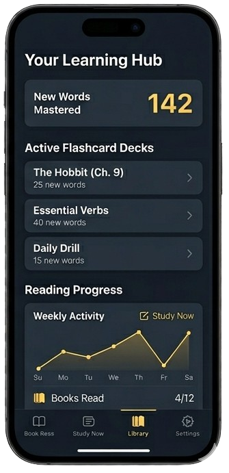 Learn English by reading books app interface