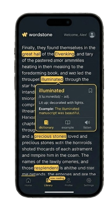 Learn English by reading books app interface
