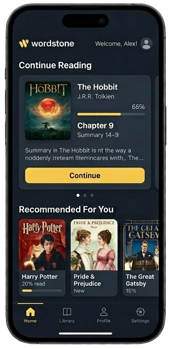 Learn English by reading books app interface